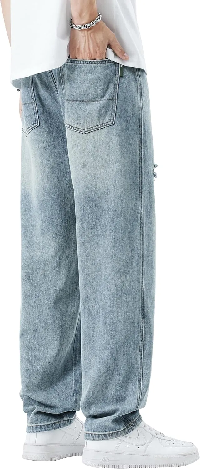 DOSLAVIDA Men's Baggy Jeans Loose Fit Ripped Distressed Jean Relaxed Skateboard Denim Pants with Holes