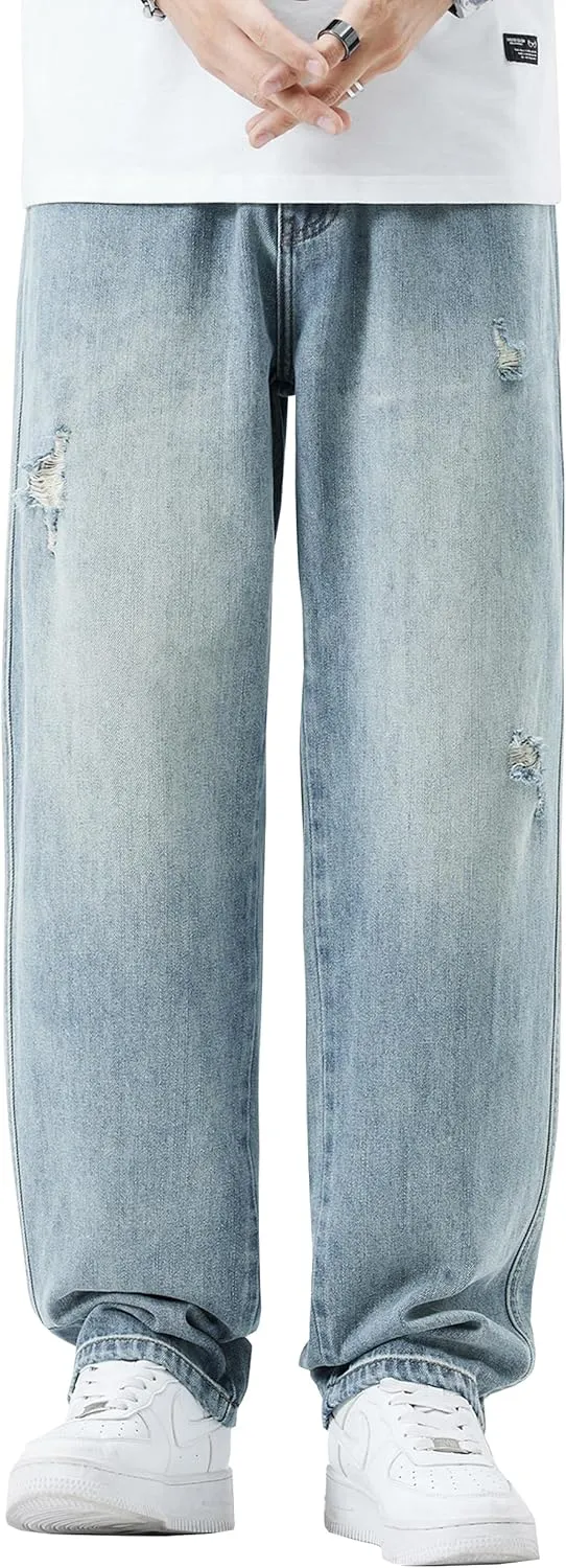 DOSLAVIDA Men's Baggy Jeans Loose Fit Ripped Distressed Jean Relaxed Skateboard Denim Pants with Holes