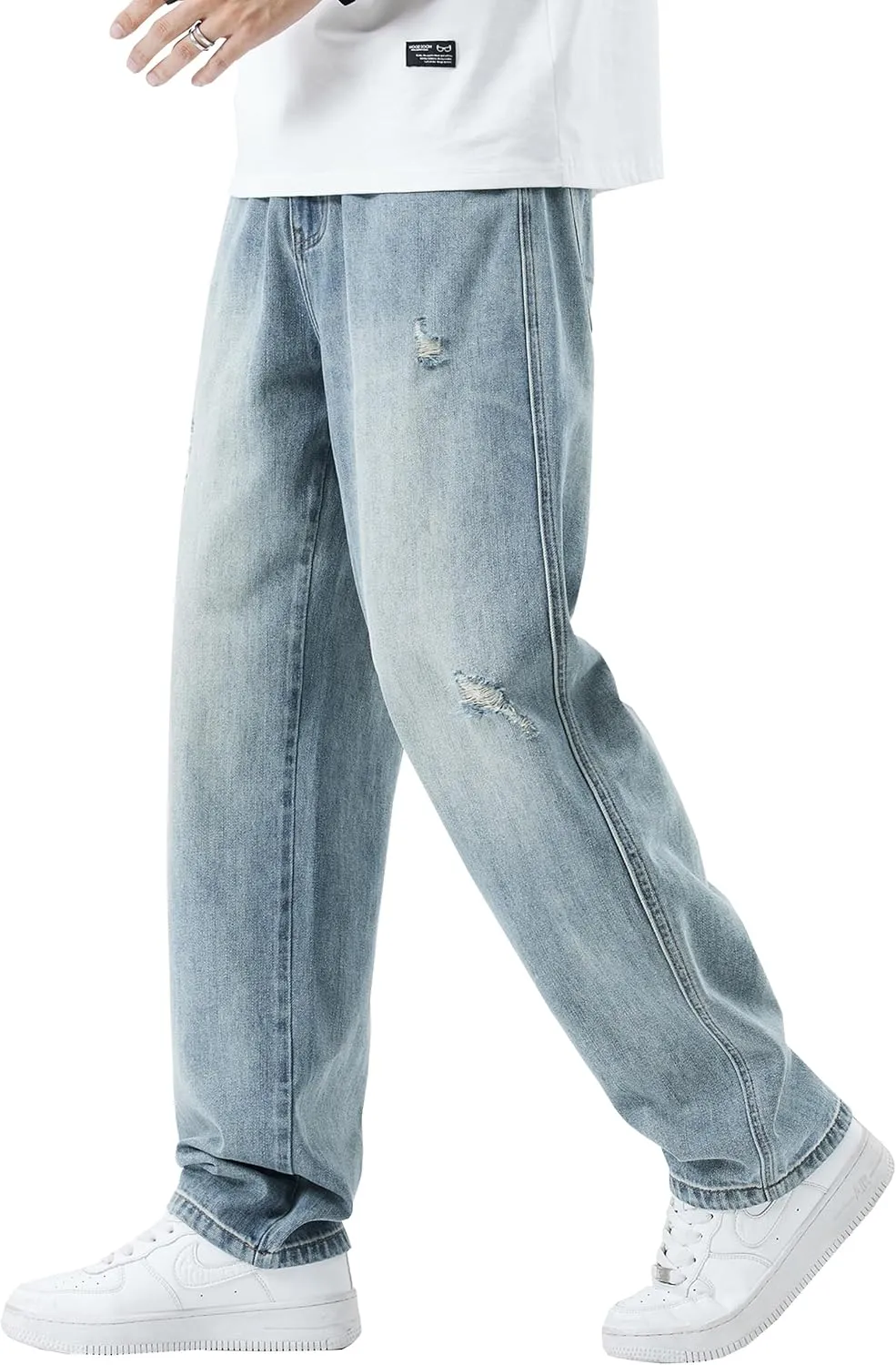 DOSLAVIDA Men's Baggy Jeans Loose Fit Ripped Distressed Jean Relaxed Skateboard Denim Pants with Holes