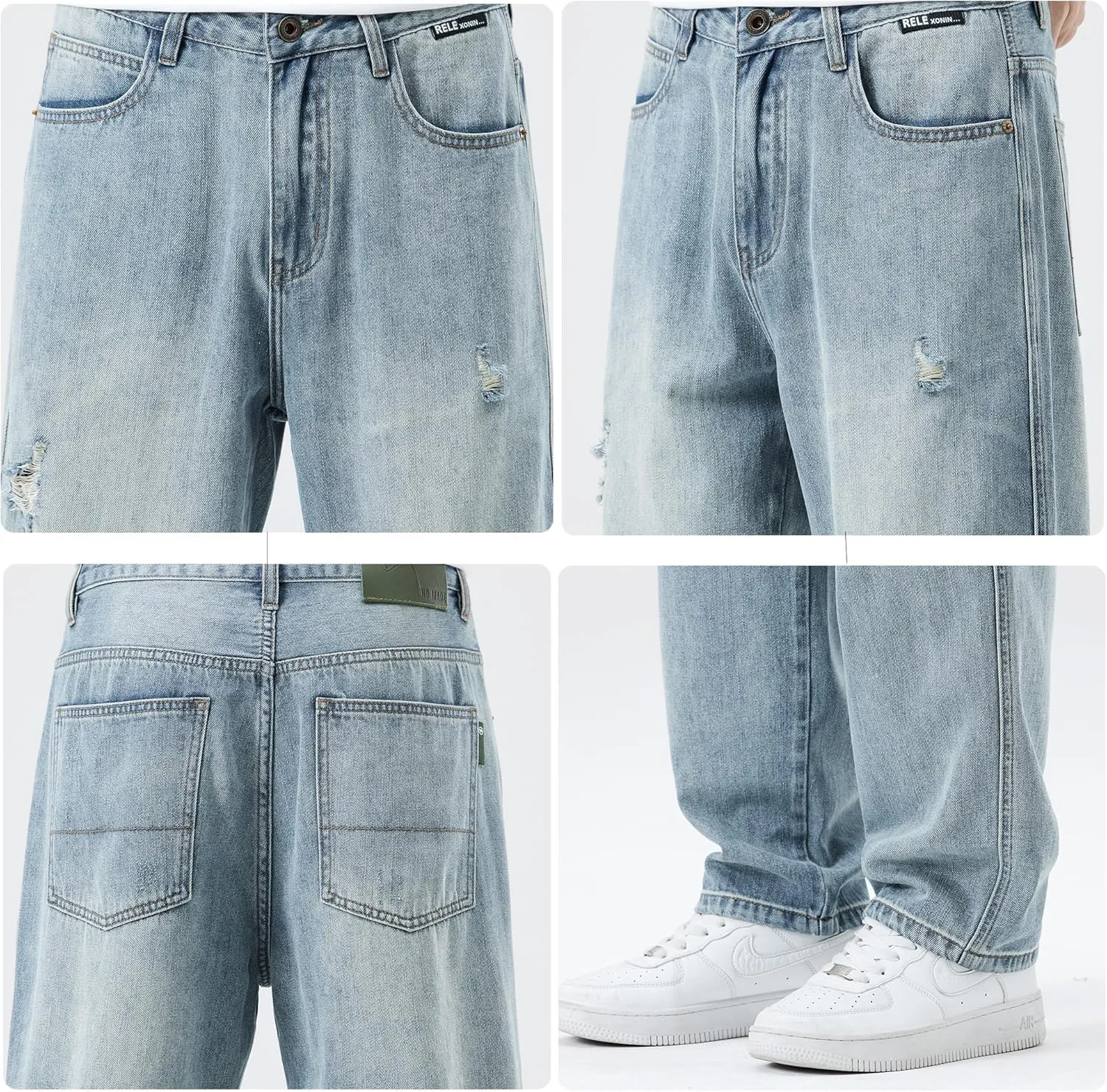 DOSLAVIDA Men's Baggy Jeans Loose Fit Ripped Distressed Jean Relaxed Skateboard Denim Pants with Holes