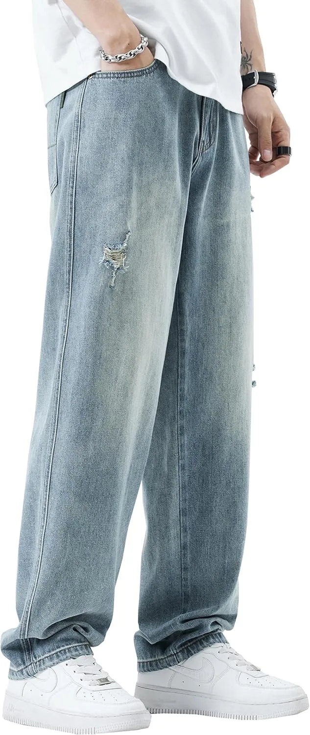 DOSLAVIDA Men's Baggy Jeans Loose Fit Ripped Distressed Jean Relaxed Skateboard Denim Pants with Holes