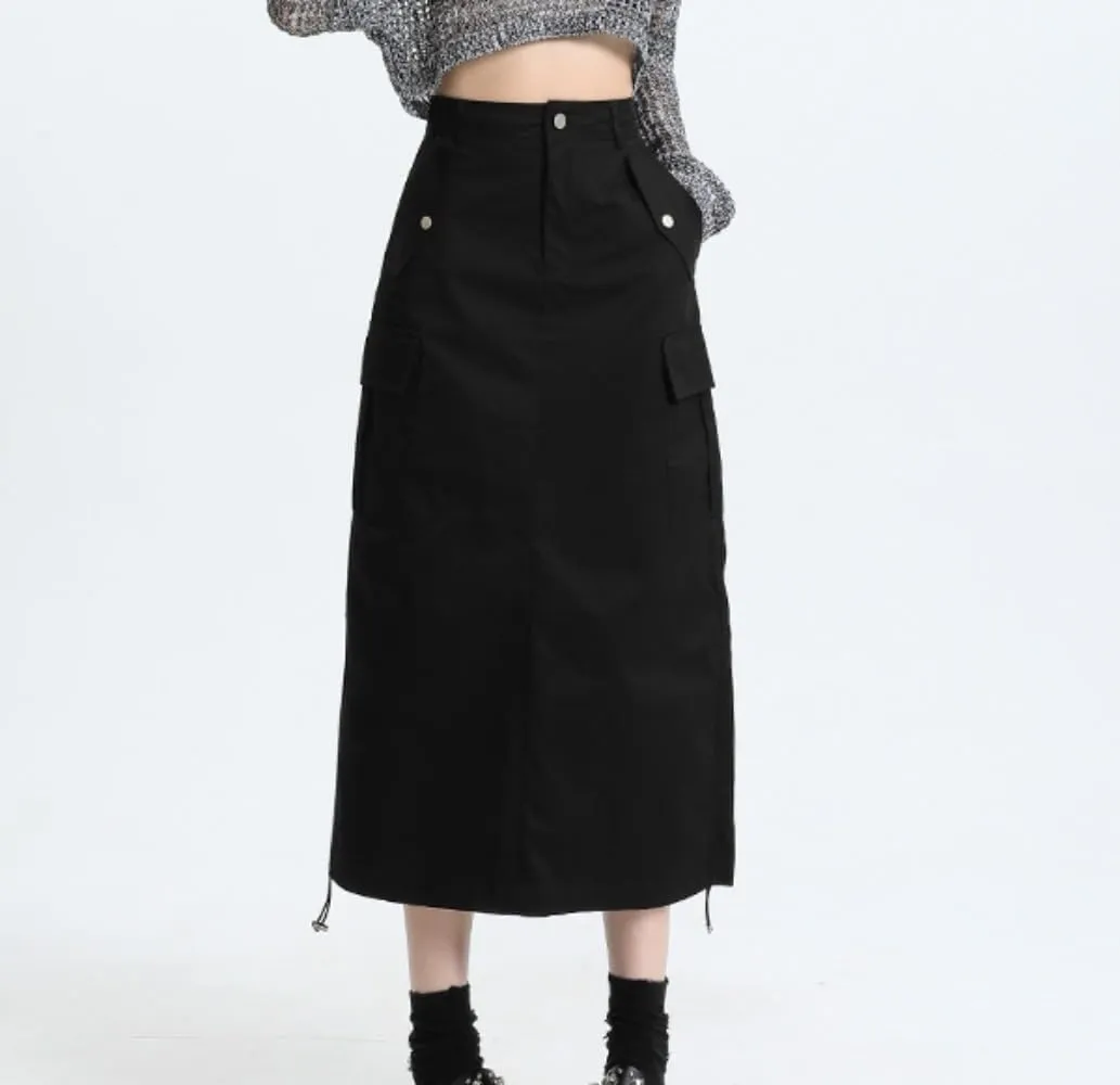 Drawstring Multi-Pocket Denim Cargo Skirt - Y2K Maxi Long Skirt for Women High Waisted Streetwear