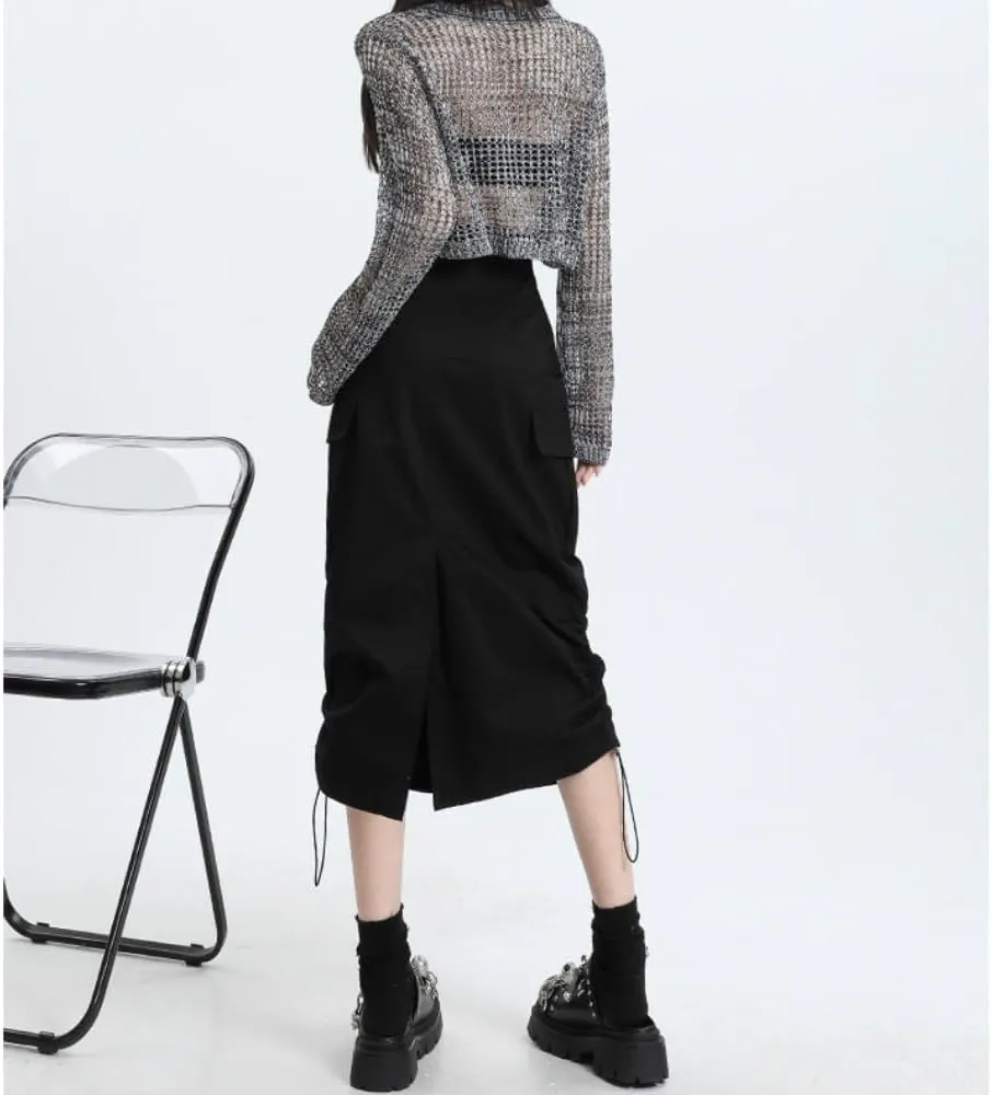 Drawstring Multi-Pocket Denim Cargo Skirt - Y2K Maxi Long Skirt for Women High Waisted Streetwear