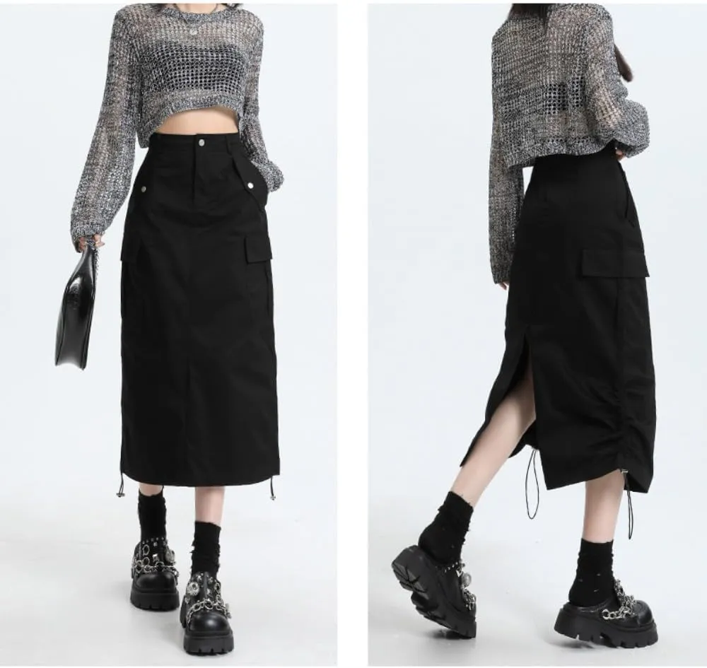 Drawstring Multi-Pocket Denim Cargo Skirt - Y2K Maxi Long Skirt for Women High Waisted Streetwear