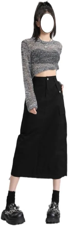 Drawstring Multi-Pocket Denim Cargo Skirt - Y2K Maxi Long Skirt for Women High Waisted Streetwear