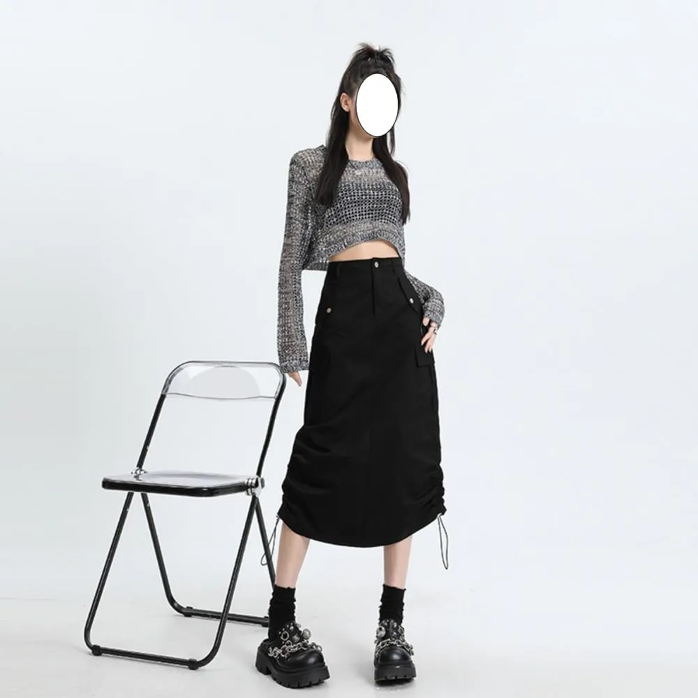 Drawstring Multi-Pocket Denim Cargo Skirt - Y2K Maxi Long Skirt for Women High Waisted Streetwear