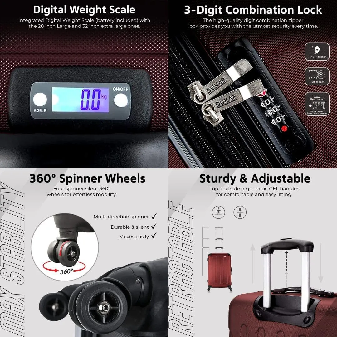 DUKAP INTELY Suitcase with Ergonomic GEL Handle | Spacious Hardside Travel Luggage with TSA Combination Lock and Digital Weight Scale | 28 Inch Medium Spinner Suitcase | Wine