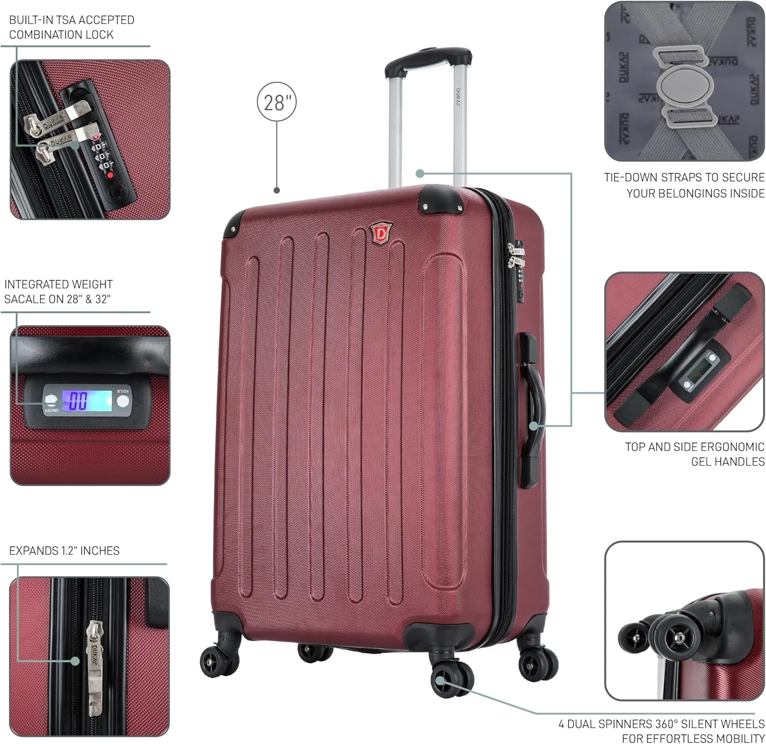DUKAP INTELY Suitcase with Ergonomic GEL Handle | Spacious Hardside Travel Luggage with TSA Combination Lock and Digital Weight Scale | 28 Inch Medium Spinner Suitcase | Wine