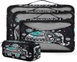 Elephant Mandala 4 Piece Packing Travel Organizer Cubes Set Mesh Fabric Ventilate Design Lightweight Travel Accessories 4 Sizes (Extra Large, Large, Medium, Small)