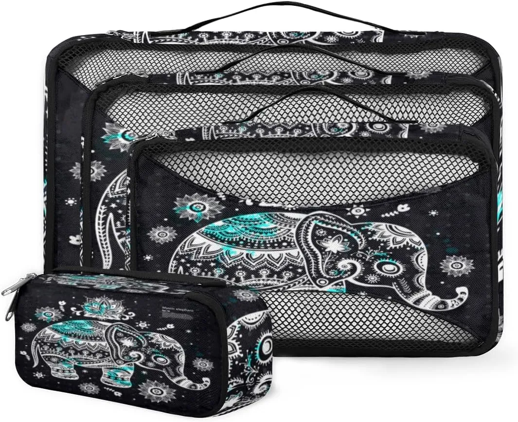 Elephant Mandala 4 Piece Packing Travel Organizer Cubes Set Mesh Fabric Ventilate Design Lightweight Travel Accessories 4 Sizes (Extra Large, Large, Medium, Small)