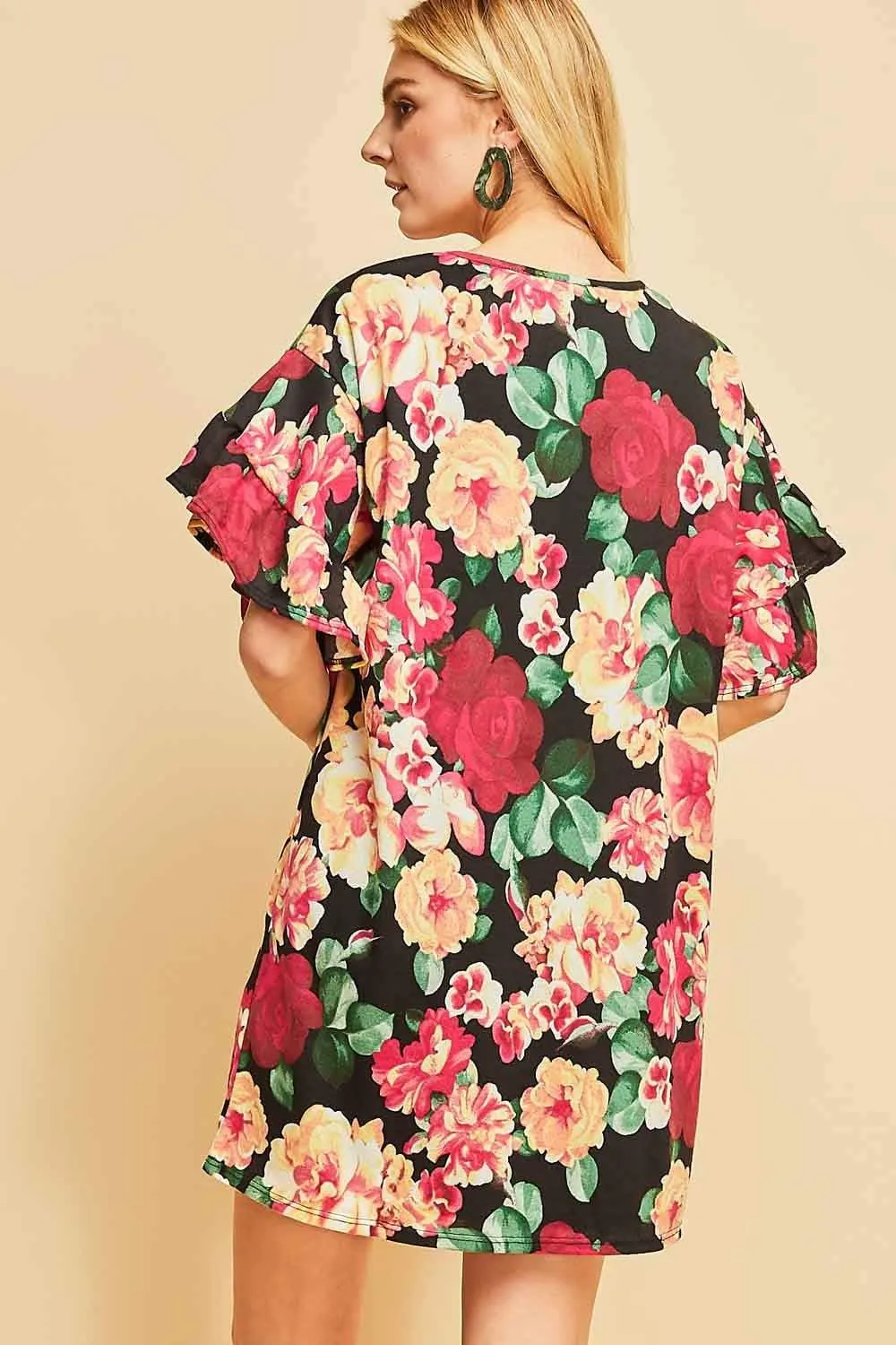 Entro Women's Floral Print Ruffle Sleeve Mini Dress