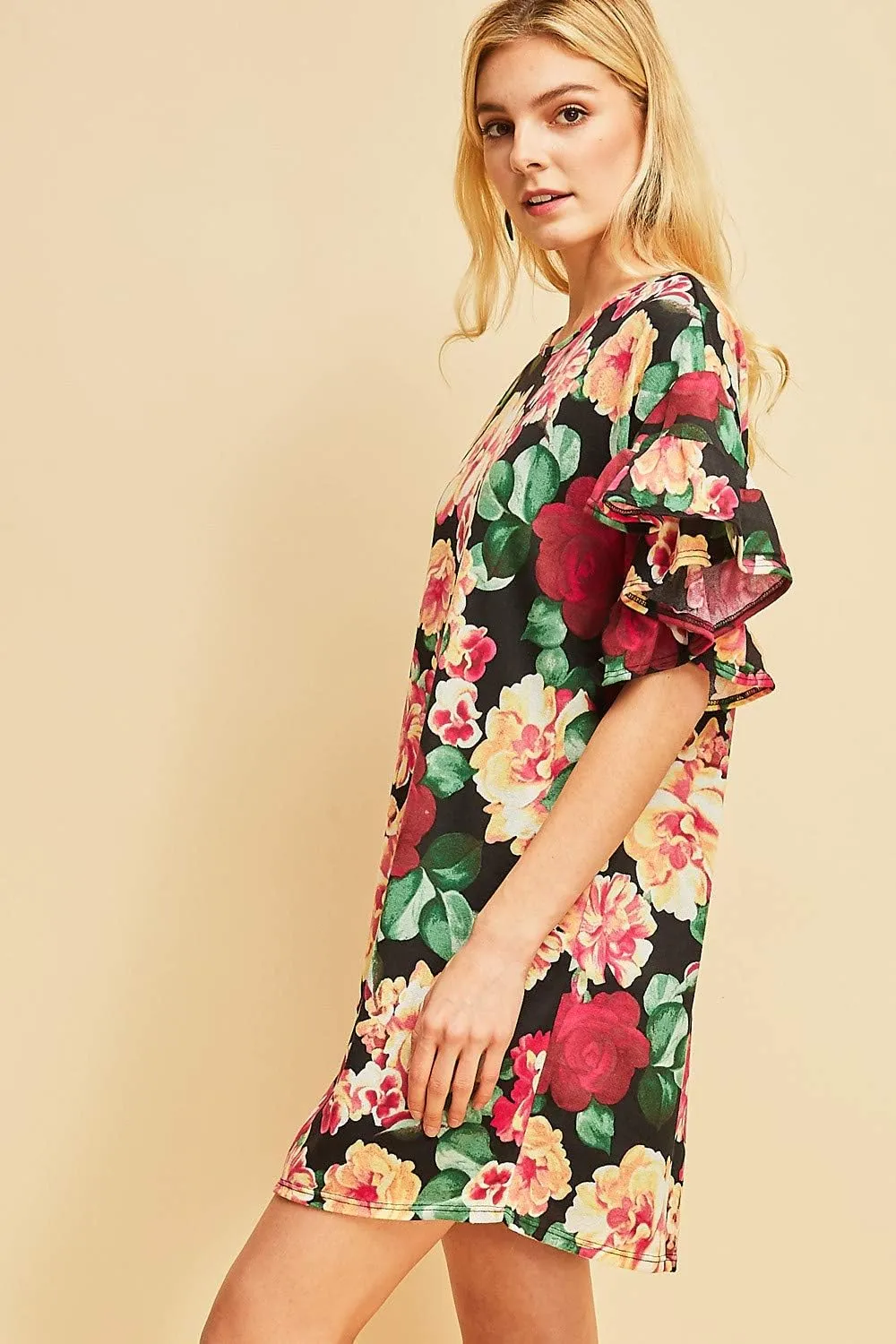 Entro Women's Floral Print Ruffle Sleeve Mini Dress