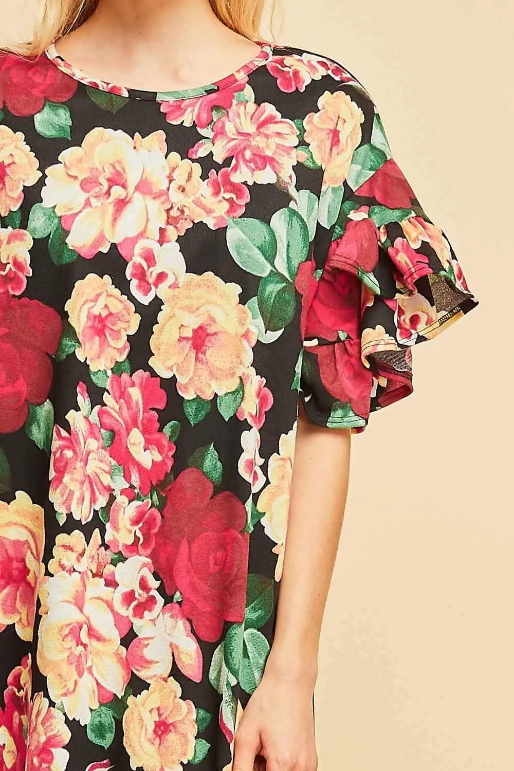 Entro Women's Floral Print Ruffle Sleeve Mini Dress
