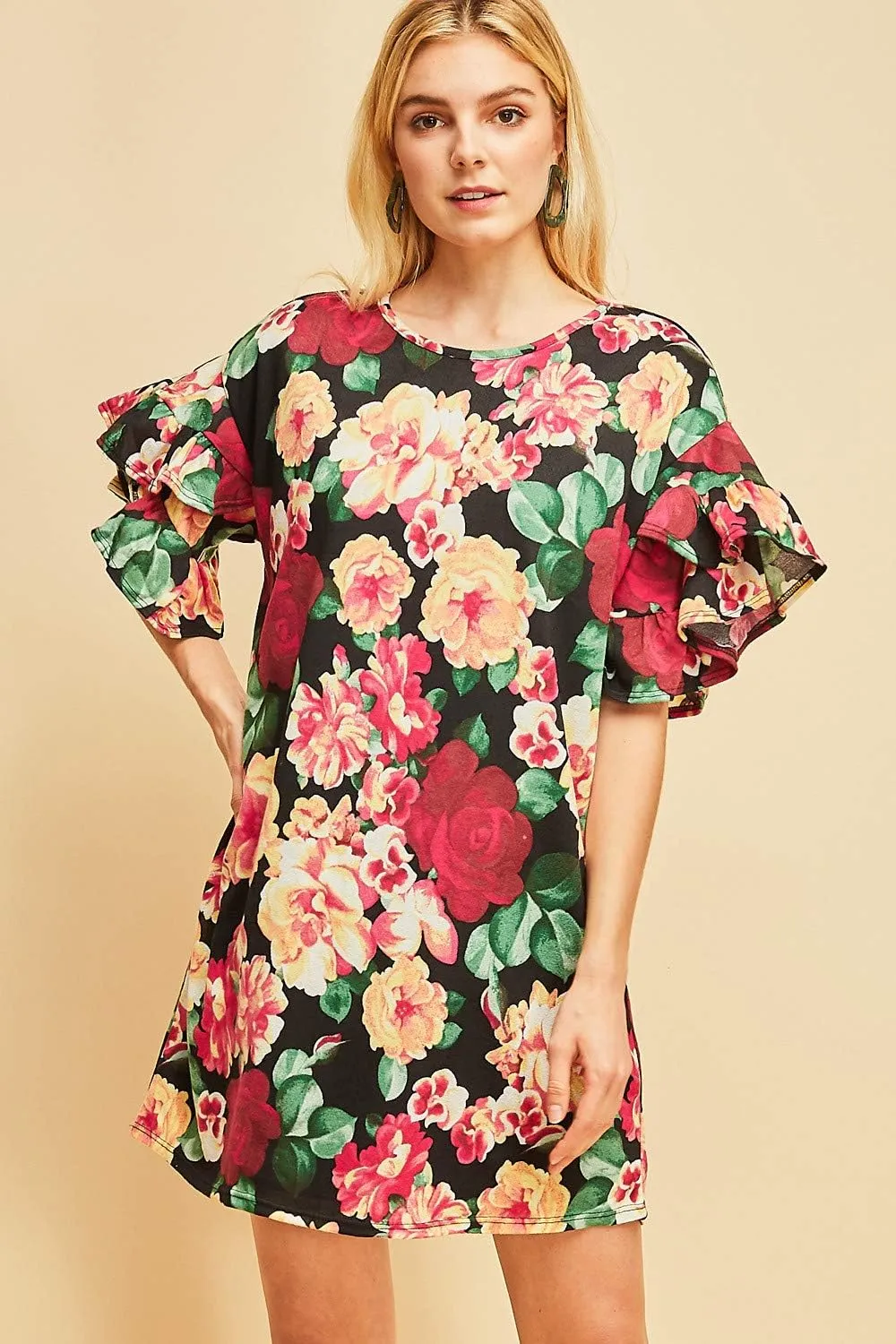 Entro Women's Floral Print Ruffle Sleeve Mini Dress