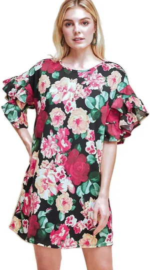 Entro Women's Floral Print Ruffle Sleeve Mini Dress