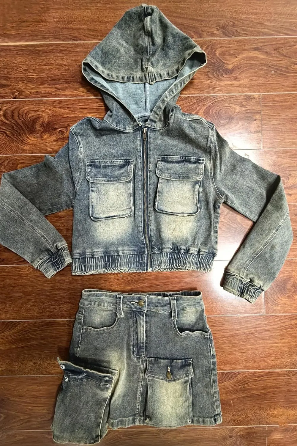 Fall Womens 2 Piece Denim Jackets Skirt Set Long Sleeve Zipper Jacket High Waisted Skirt with Pockets 2024