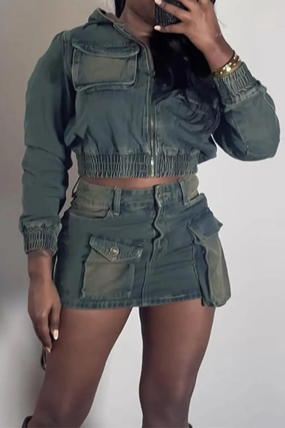 Fall Womens 2 Piece Denim Jackets Skirt Set Long Sleeve Zipper Jacket High Waisted Skirt with Pockets 2024