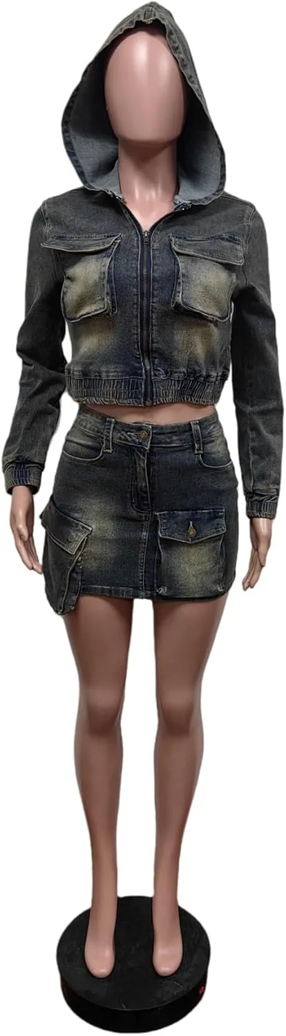 Fall Womens 2 Piece Denim Jackets Skirt Set Long Sleeve Zipper Jacket High Waisted Skirt with Pockets 2024