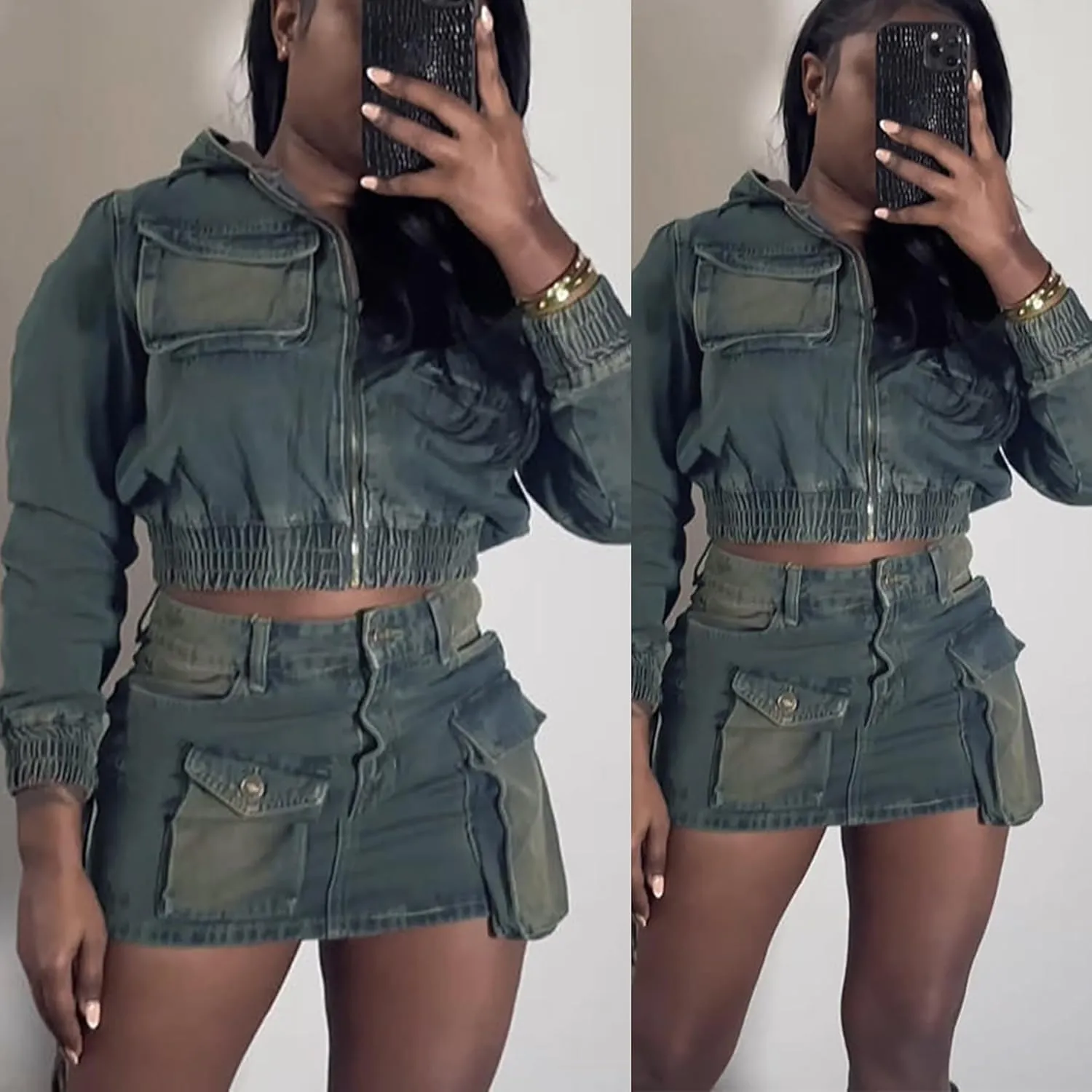 Fall Womens 2 Piece Denim Jackets Skirt Set Long Sleeve Zipper Jacket High Waisted Skirt with Pockets 2024