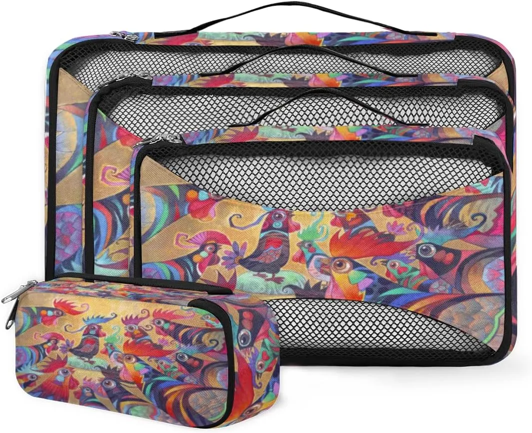Family Roosters Painting 4 Piece Packing Travel Organizer Cubes Set Mesh Fabric Ventilate Design Lightweight Travel Accessories 4 Sizes (Extra Large, Large, Medium, Small)