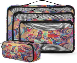 Family Roosters Painting 4 Piece Packing Travel Organizer Cubes Set Mesh Fabric Ventilate Design Lightweight Travel Accessories 4 Sizes (Extra Large, Large, Medium, Small)