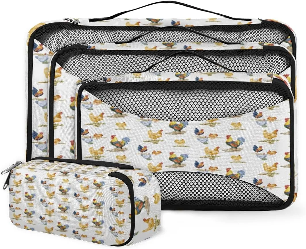 Farmhouse Roosters 4 Piece Packing Travel Organizer Cubes Set Mesh Fabric Ventilate Design Lightweight Travel Accessories 4 Sizes (Extra Large, Large, Medium, Small)