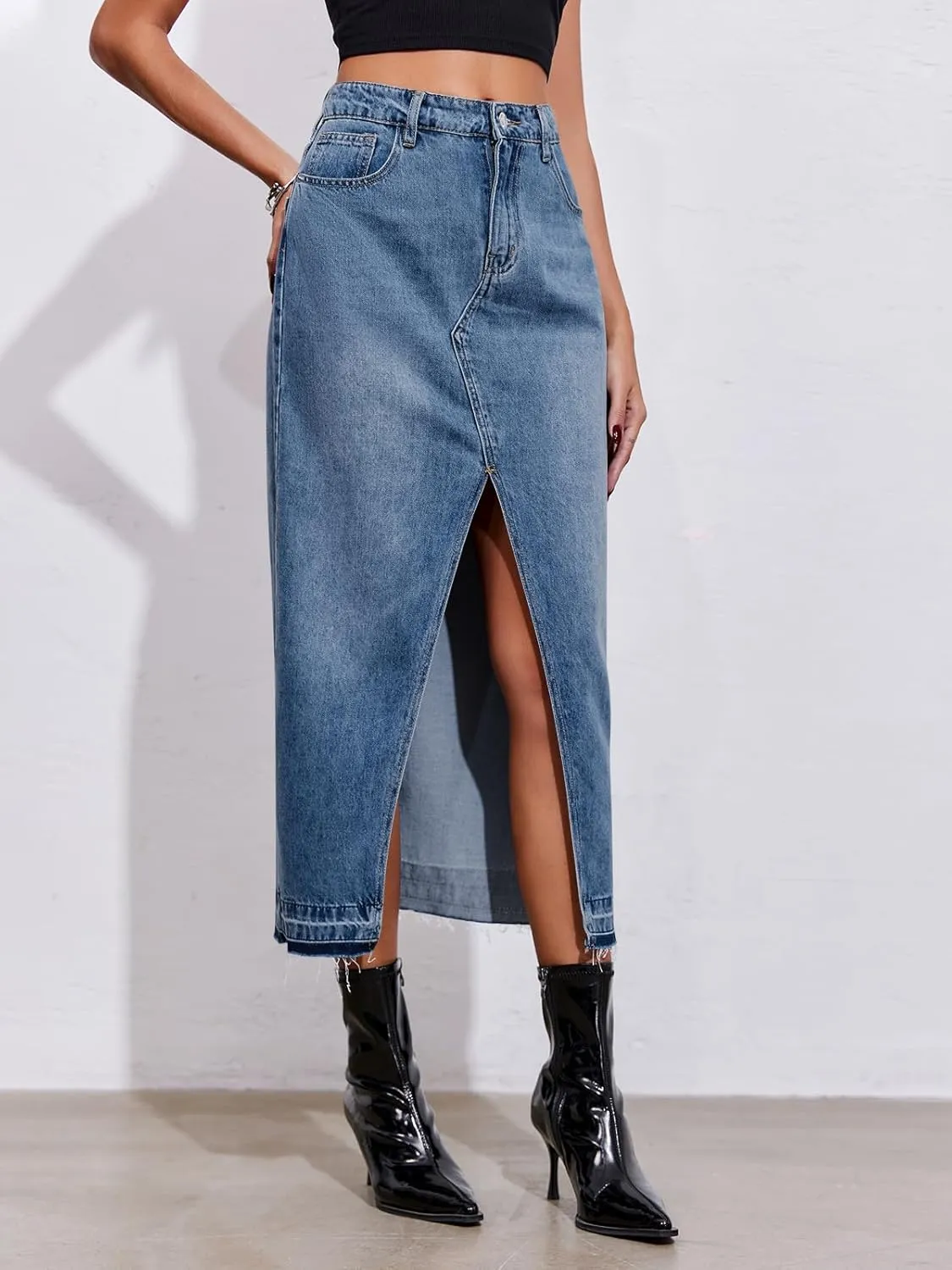 Fisoew Women's Long Denim Maxi Skirts High Waisted Frayed Hem Western Split Jean Skirt Streetwear