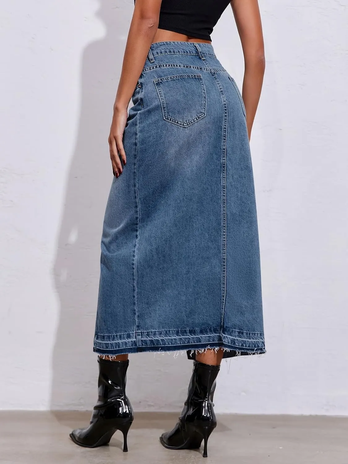 Fisoew Women's Long Denim Maxi Skirts High Waisted Frayed Hem Western Split Jean Skirt Streetwear