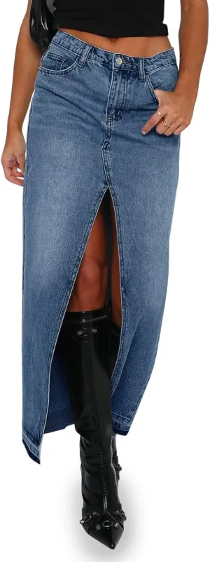Fisoew Women's Long Denim Maxi Skirts High Waisted Frayed Hem Western Split Jean Skirt Streetwear
