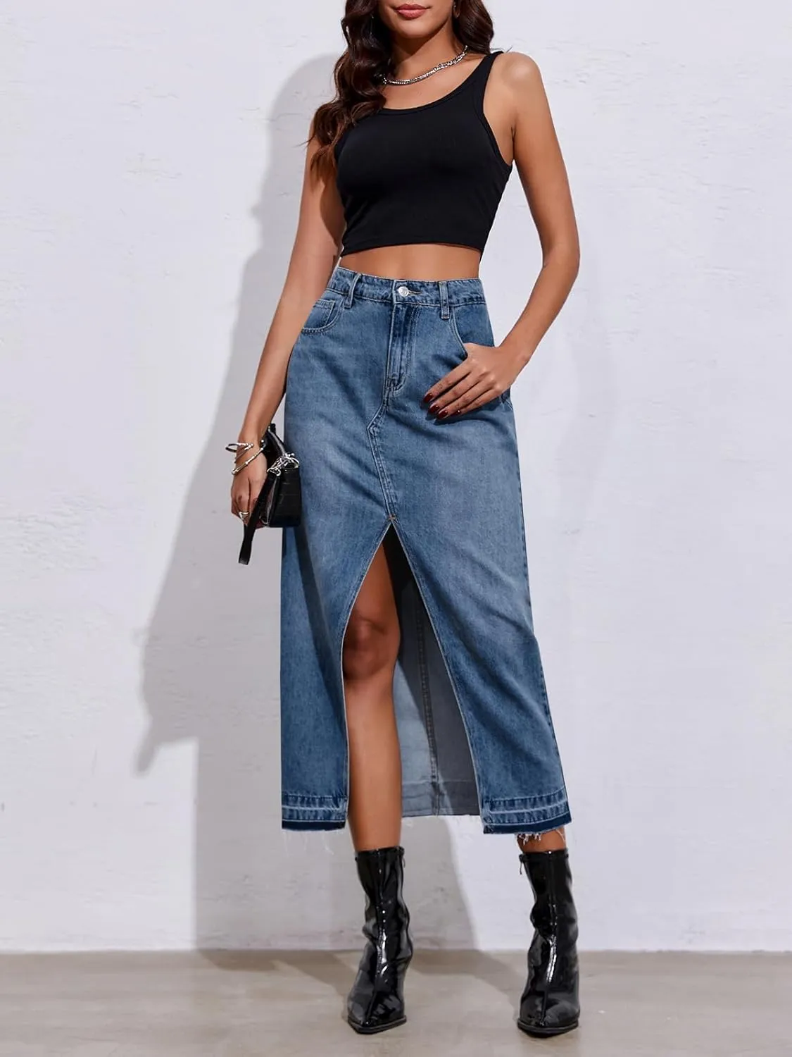Fisoew Women's Long Denim Maxi Skirts High Waisted Frayed Hem Western Split Jean Skirt Streetwear