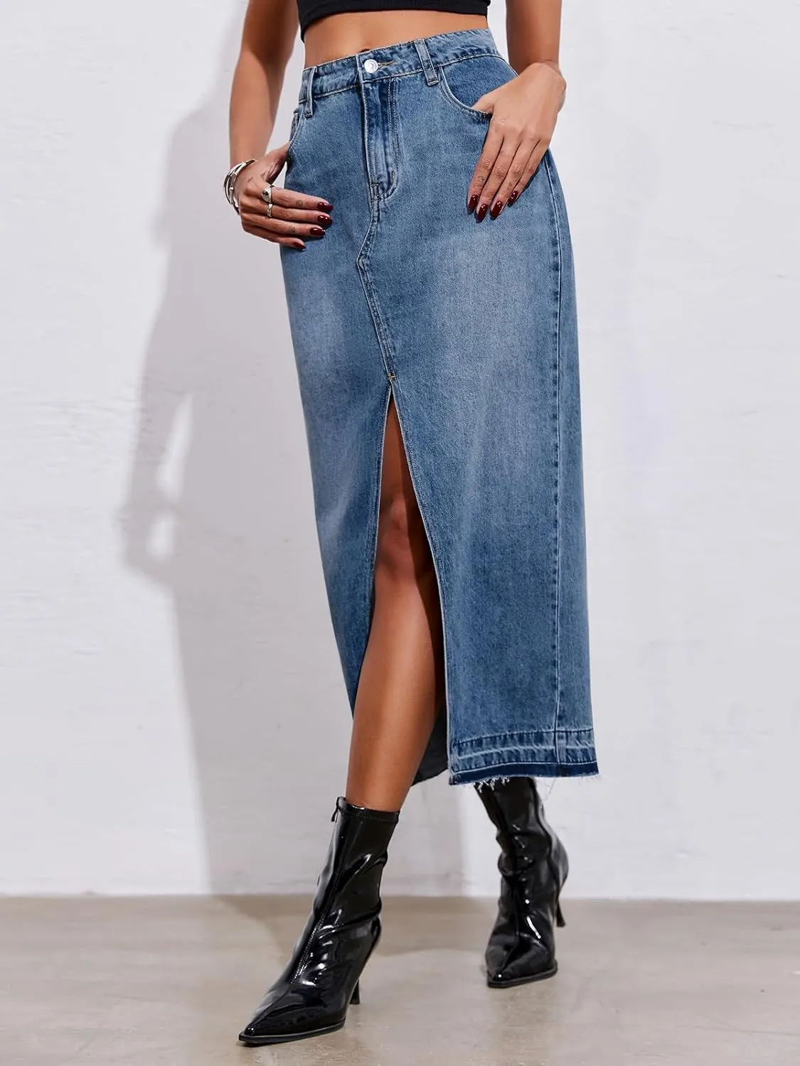 Fisoew Women's Long Denim Maxi Skirts High Waisted Frayed Hem Western Split Jean Skirt Streetwear