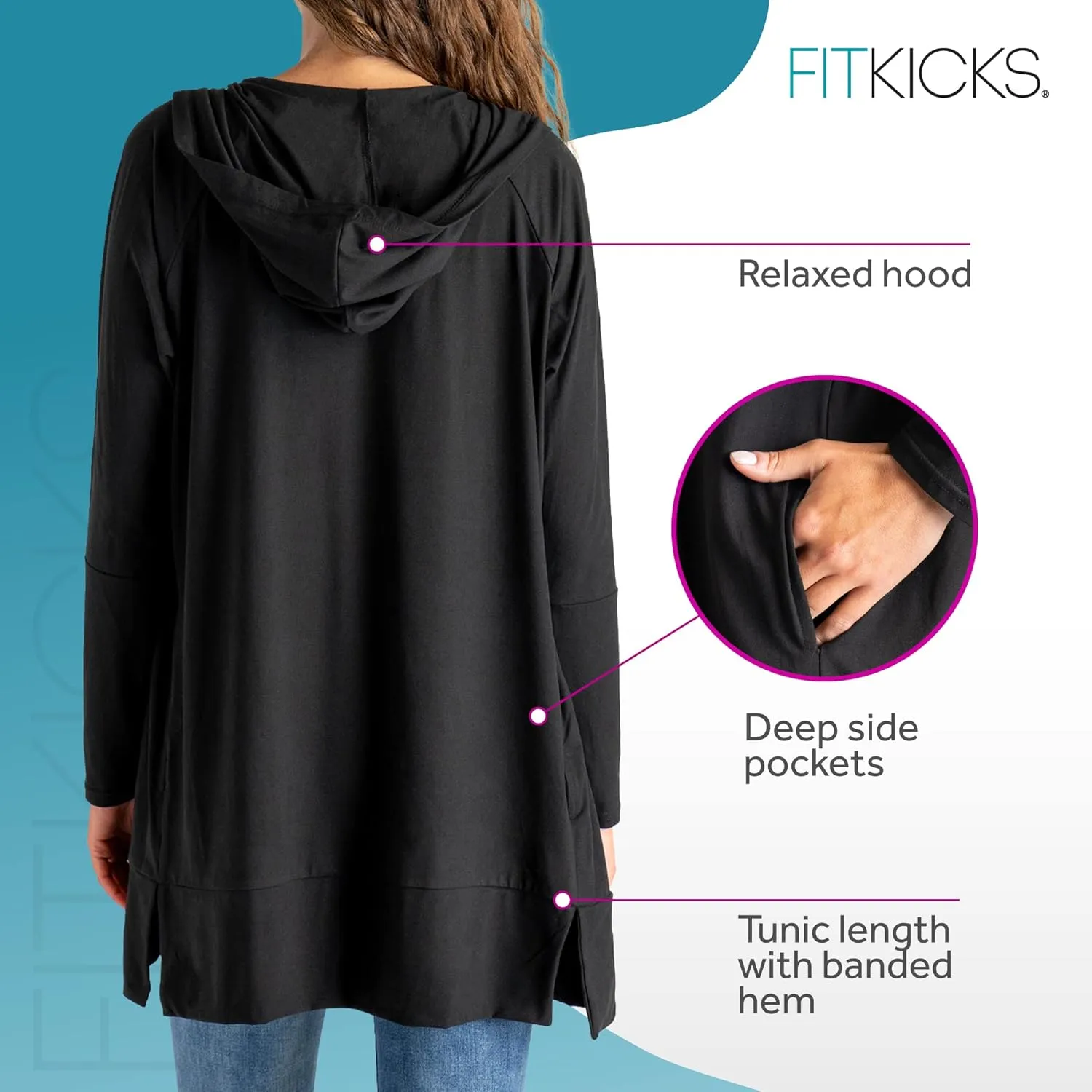 FITKICKS Everywear Lightweight Cardigan Relaxed Hooded Tunic Sweater with Deep Side Pockets Cardigan for Women, Girls