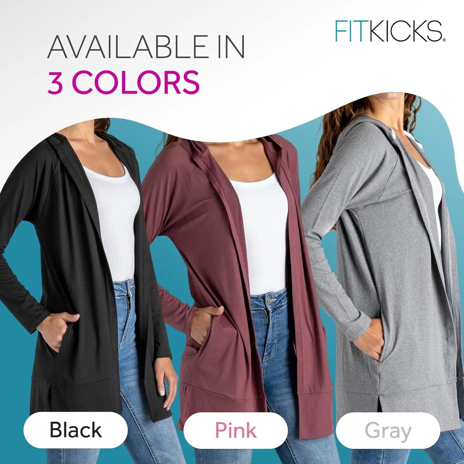 FITKICKS Everywear Lightweight Cardigan Relaxed Hooded Tunic Sweater with Deep Side Pockets Cardigan for Women, Girls