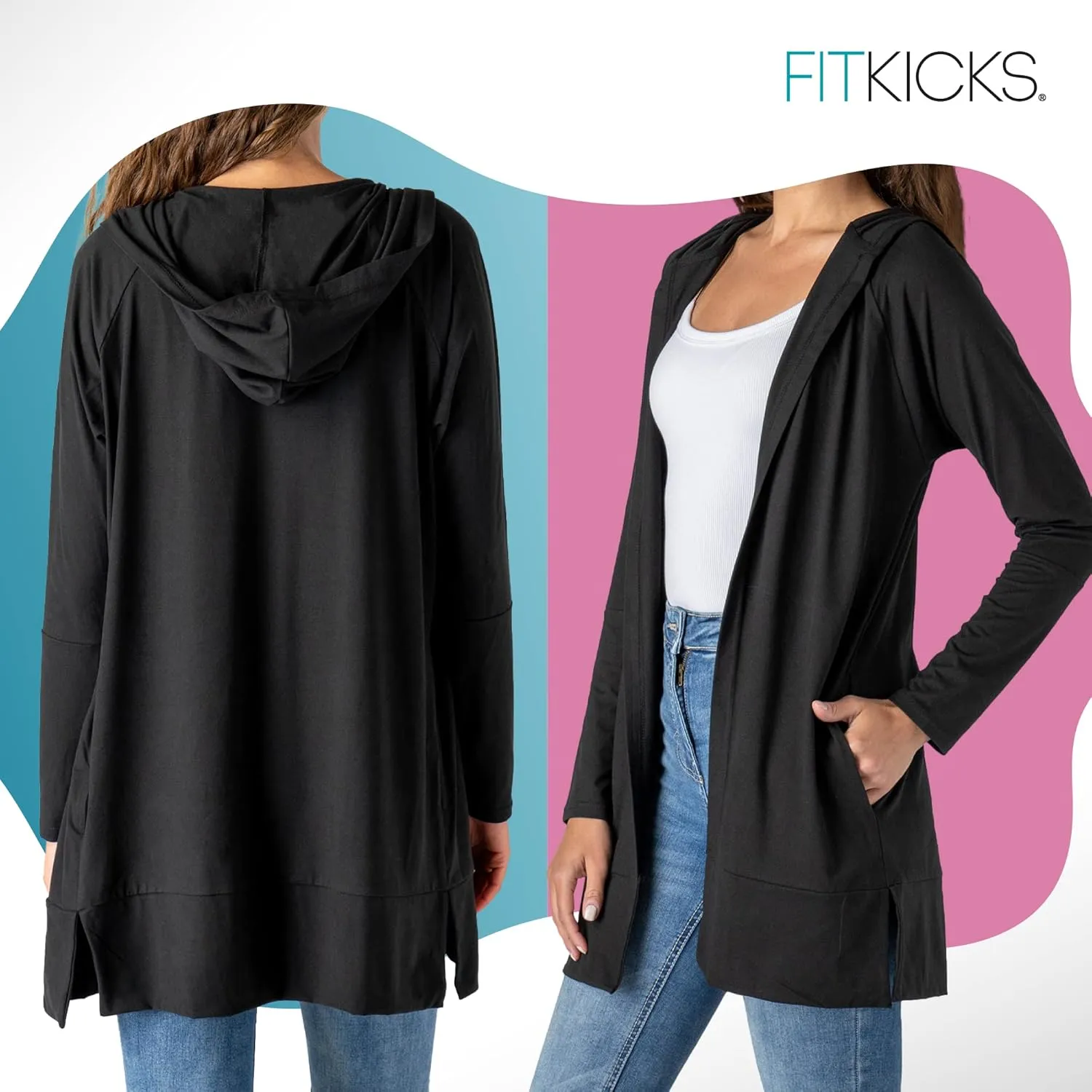FITKICKS Everywear Lightweight Cardigan Relaxed Hooded Tunic Sweater with Deep Side Pockets Cardigan for Women, Girls