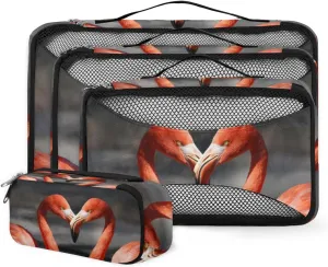Flamingo Love 4 Piece Packing Travel Organizer Cubes Set Mesh Fabric Ventilate Design Lightweight Travel Accessories 4 Sizes (Extra Large, Large, Medium, Small)