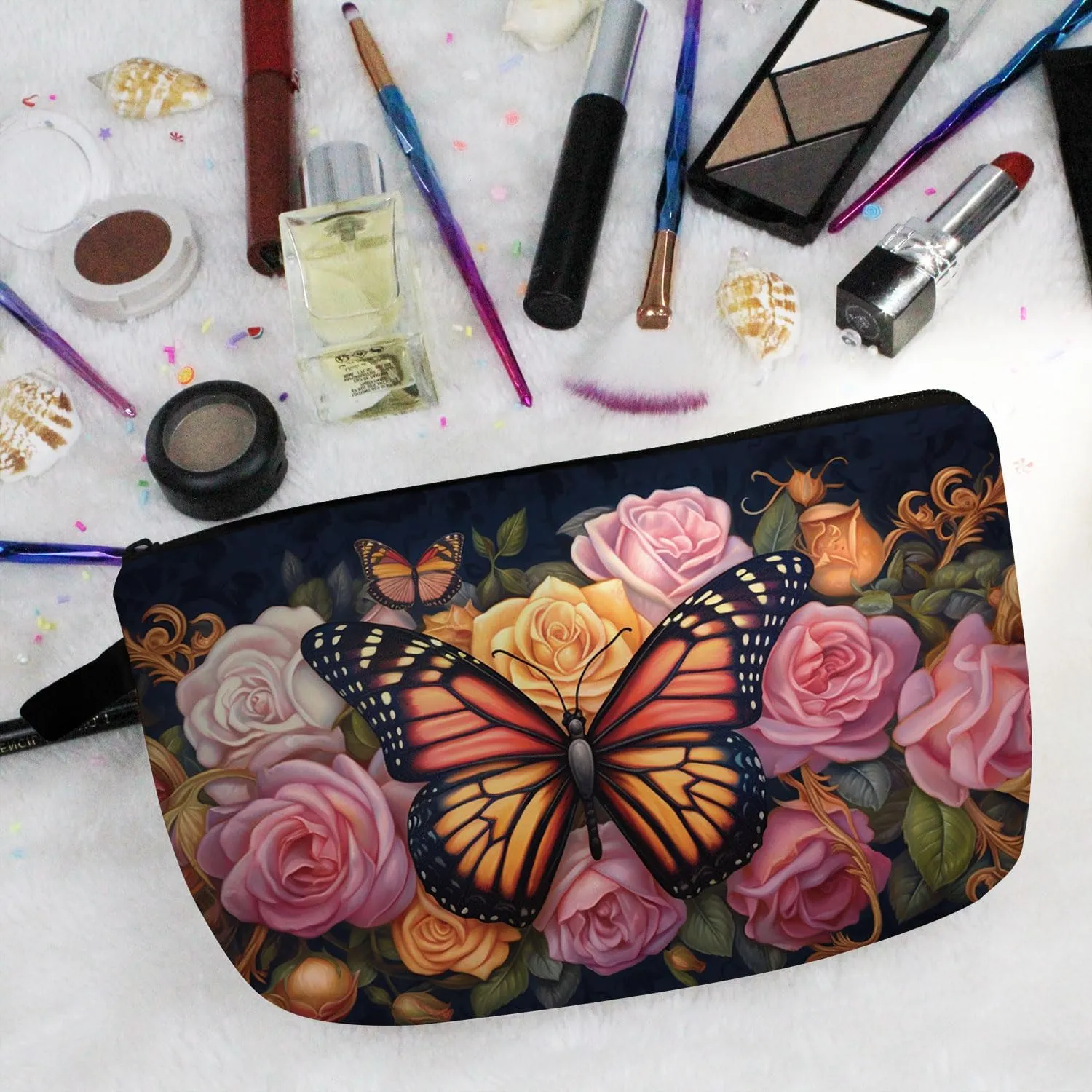 Floral Butterfly Makeup Bag Pink Rose Butterfly Small Cute Organizer Bag Zipper Pouch Floral Butterfly Print Cosmetic Bag Present for Women Friends