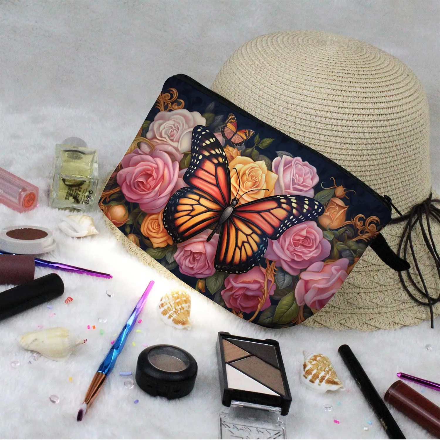 Floral Butterfly Makeup Bag Pink Rose Butterfly Small Cute Organizer Bag Zipper Pouch Floral Butterfly Print Cosmetic Bag Present for Women Friends