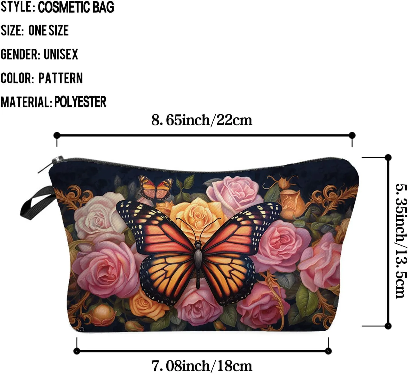Floral Butterfly Makeup Bag Pink Rose Butterfly Small Cute Organizer Bag Zipper Pouch Floral Butterfly Print Cosmetic Bag Present for Women Friends