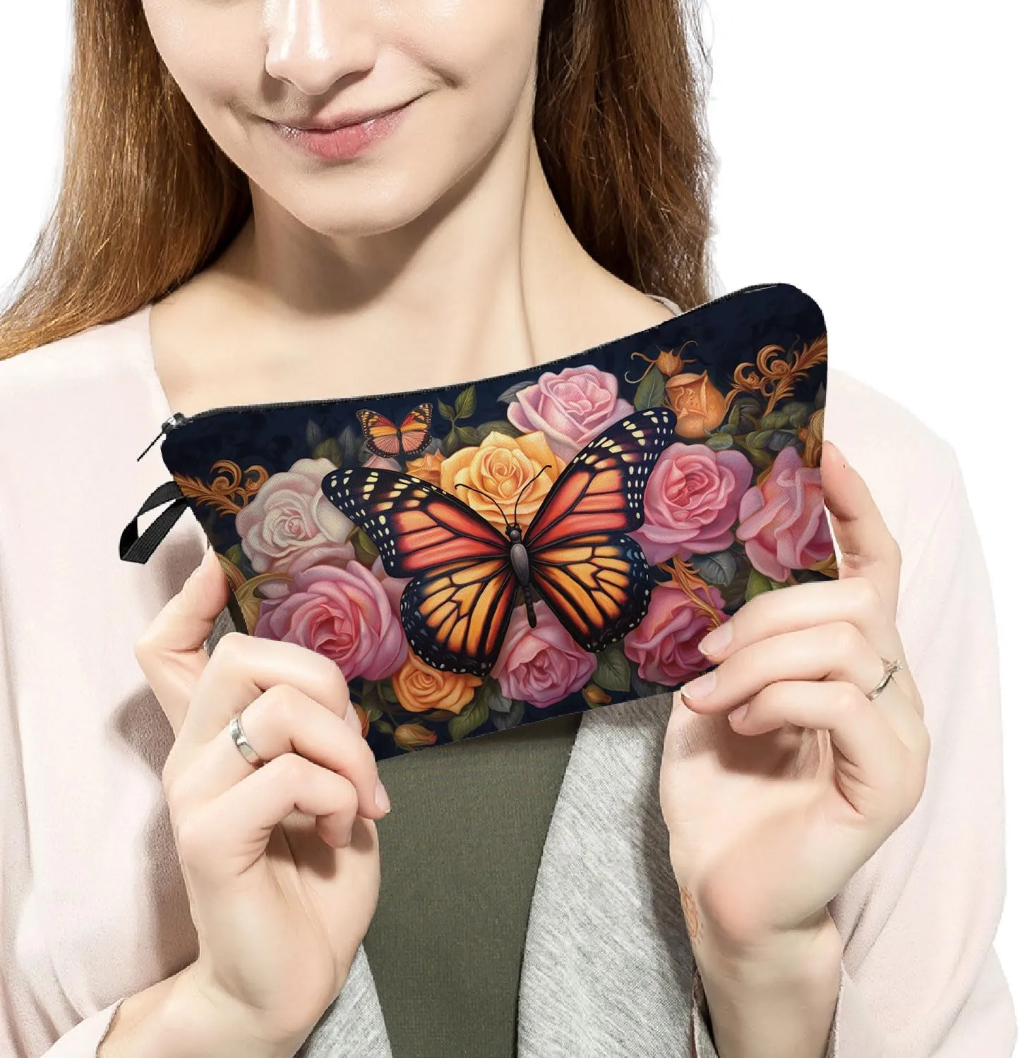 Floral Butterfly Makeup Bag Pink Rose Butterfly Small Cute Organizer Bag Zipper Pouch Floral Butterfly Print Cosmetic Bag Present for Women Friends