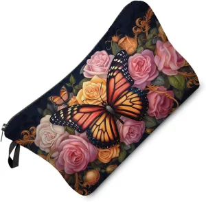 Floral Butterfly Makeup Bag Pink Rose Butterfly Small Cute Organizer Bag Zipper Pouch Floral Butterfly Print Cosmetic Bag Present for Women Friends