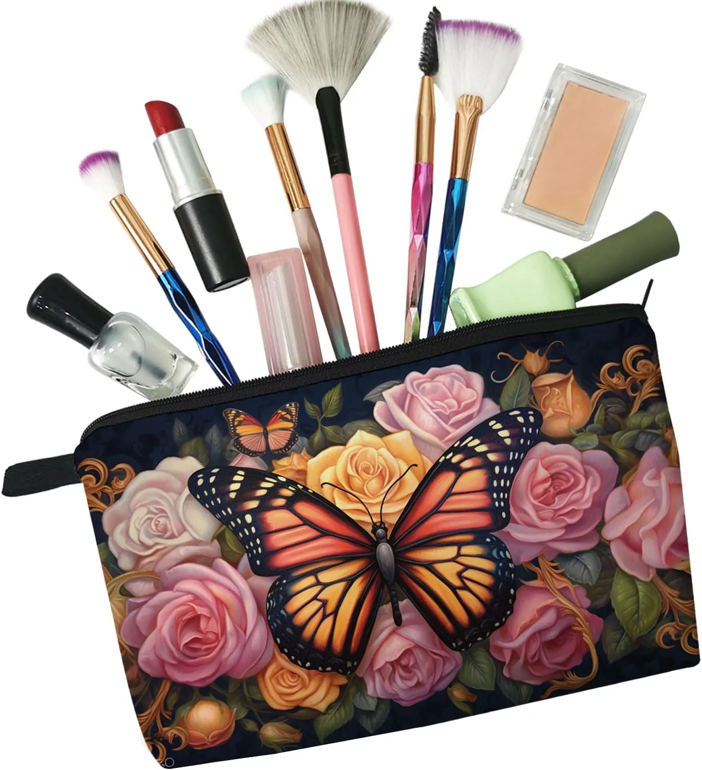 Floral Butterfly Makeup Bag Pink Rose Butterfly Small Cute Organizer Bag Zipper Pouch Floral Butterfly Print Cosmetic Bag Present for Women Friends