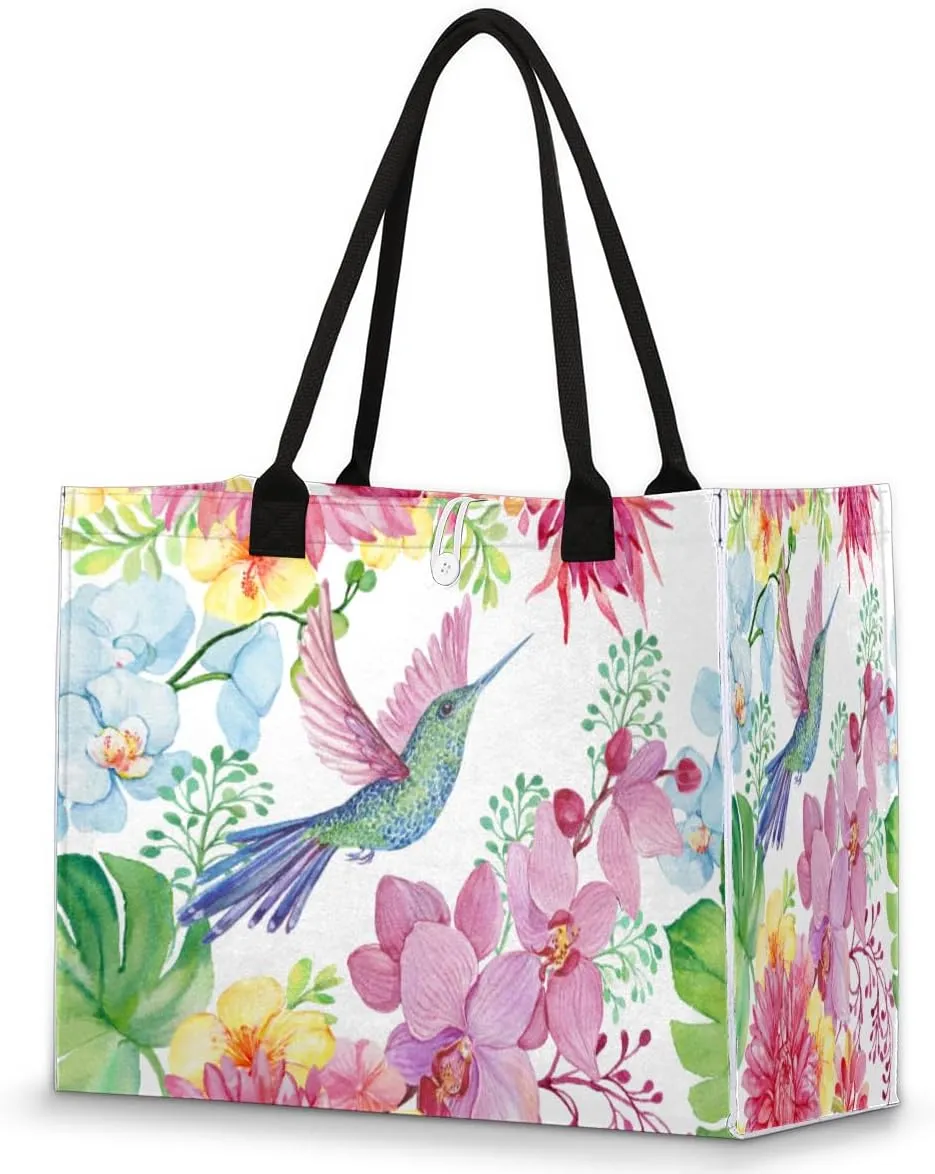 Flowers Hummingbird Tote Bag for Women Large Beach Bag Reusable Grocery Bags Tote Bag for Work Shopping Travel Beach