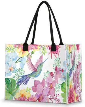 Flowers Hummingbird Tote Bag for Women Large Beach Bag Reusable Grocery Bags Tote Bag for Work Shopping Travel Beach