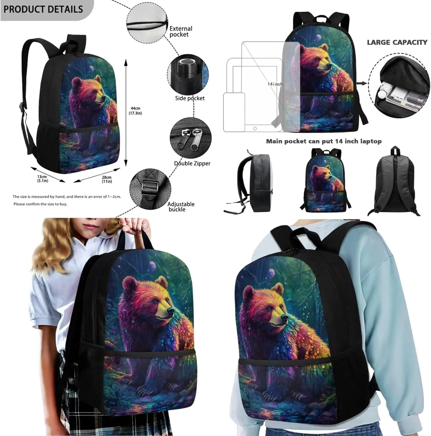 FOR U DESIGNS Bear Elementary Bookbag Set for 2nd Grade Boys 4 Piece Lightweight Ergonomic Spacious 17 Inch School Backpack with Lunch Box for Travel Outdoor Kids Ages 7-9