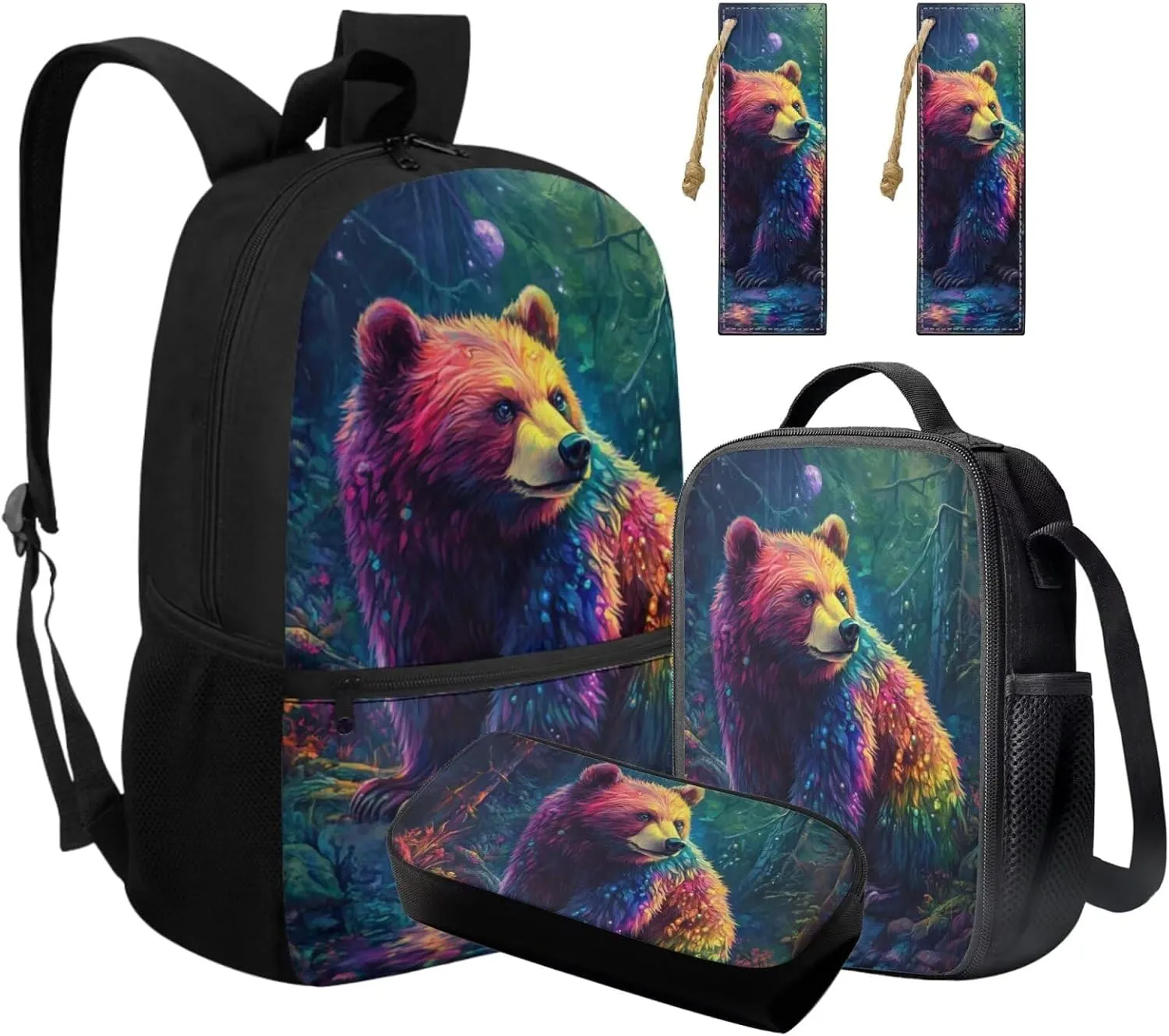 FOR U DESIGNS Bear Elementary Bookbag Set for 2nd Grade Boys 4 Piece Lightweight Ergonomic Spacious 17 Inch School Backpack with Lunch Box for Travel Outdoor Kids Ages 7-9