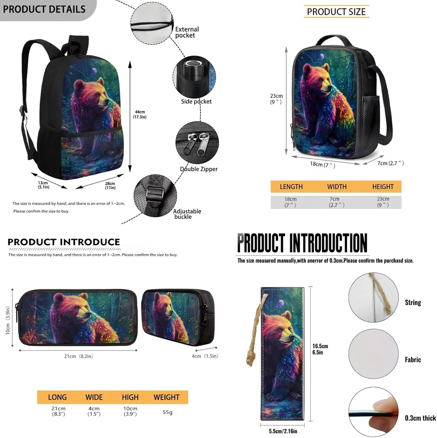 FOR U DESIGNS Bear Elementary Bookbag Set for 2nd Grade Boys 4 Piece Lightweight Ergonomic Spacious 17 Inch School Backpack with Lunch Box for Travel Outdoor Kids Ages 7-9