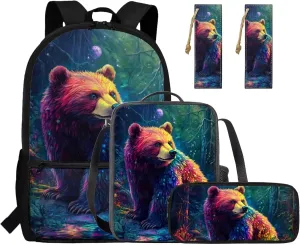 FOR U DESIGNS Bear Elementary Bookbag Set for 2nd Grade Boys 4 Piece Lightweight Ergonomic Spacious 17 Inch School Backpack with Lunch Box for Travel Outdoor Kids Ages 7-9