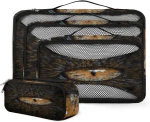 Forest Animal Eyes Brown 4 Piece Packing Travel Organizer Cubes Set Mesh Fabric Ventilate Design Lightweight Travel Accessories 4 Sizes (Extra Large, Large, Medium, Small)