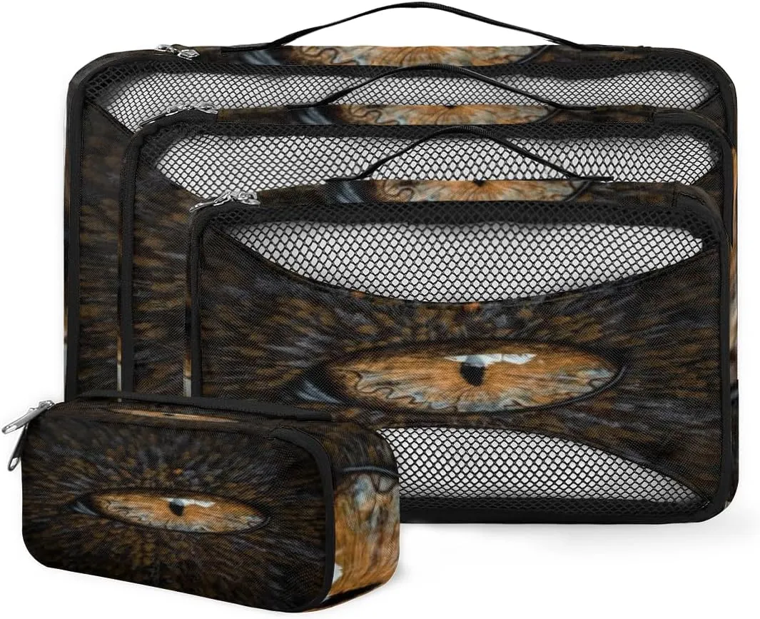 Forest Animal Eyes Brown 4 Piece Packing Travel Organizer Cubes Set Mesh Fabric Ventilate Design Lightweight Travel Accessories 4 Sizes (Extra Large, Large, Medium, Small)
