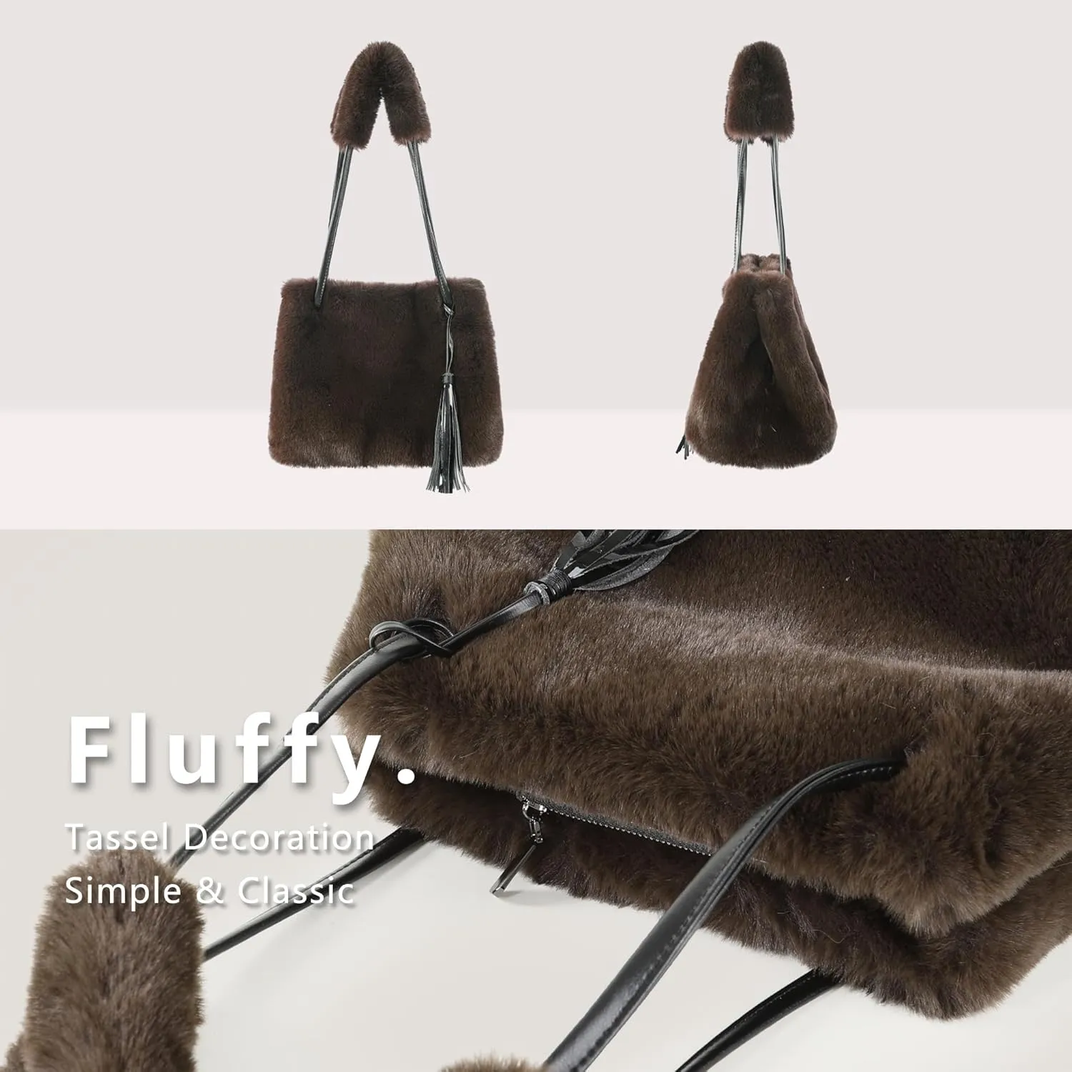 Fur Story Tote Bag Faux Fur Purses for Women Plush Handbag Fuzzy Shoulder Bag Big Capacity Black Purse for womens Girls